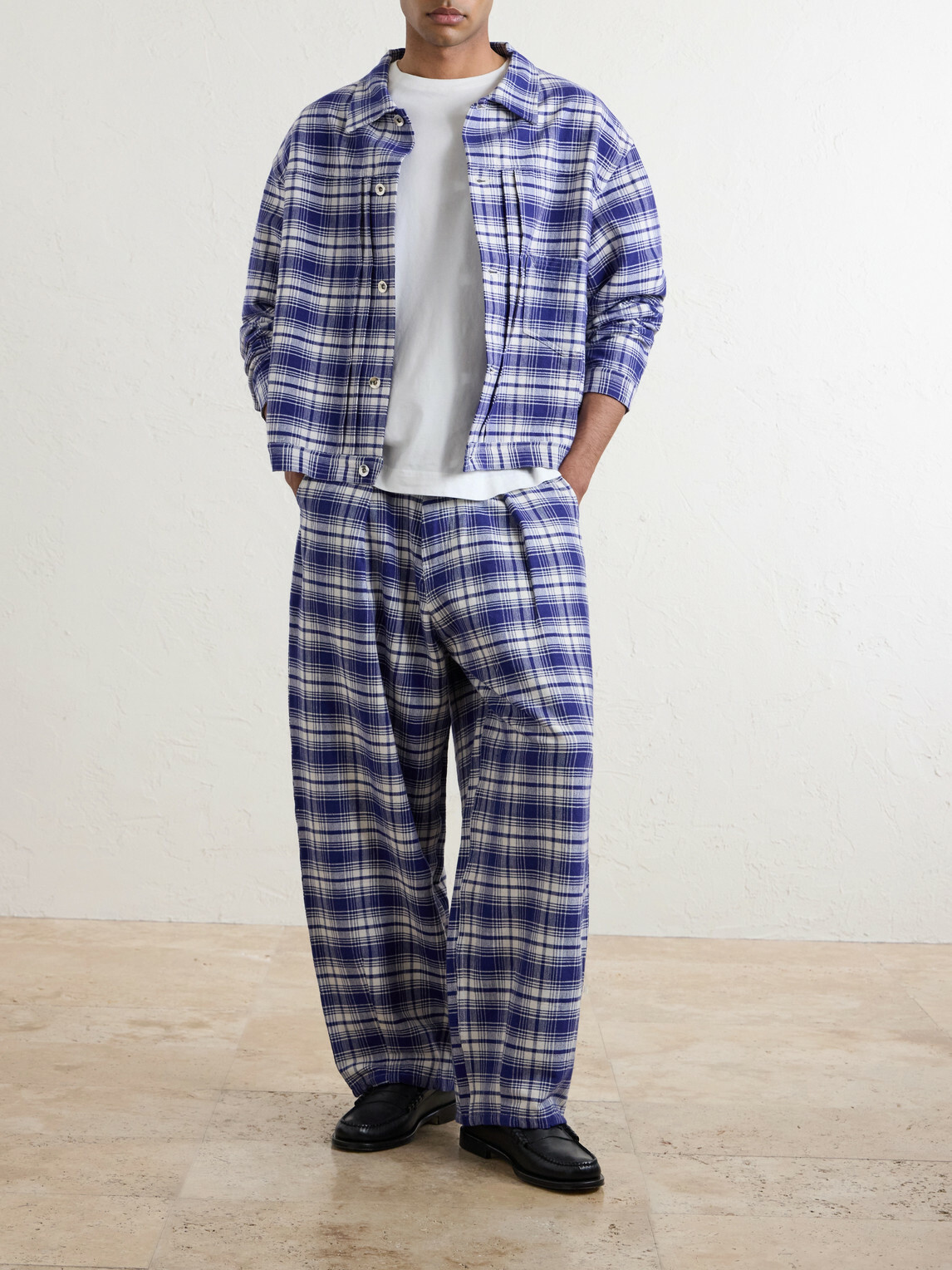 Story mfg. - Lush Wide-Leg Checked Organic Cotton Trousers - Blue