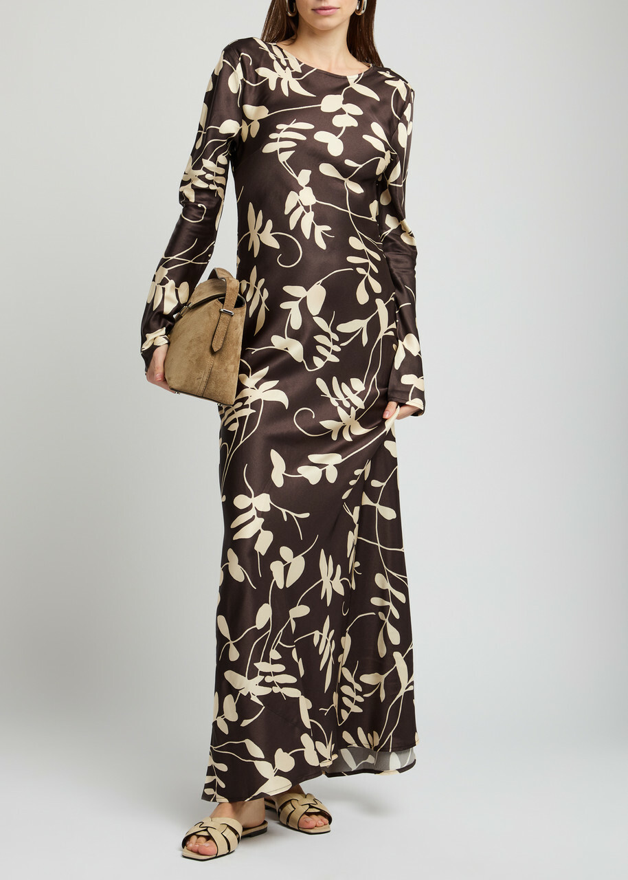 Faithfull The Brand Faroe Printed Satin Maxi Dress Brown Faithfull The Brand