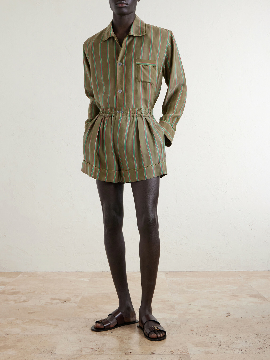 SAINT LAURENT - Wide-Leg Piped Pleated Striped Recycled-Twill Shorts - Green