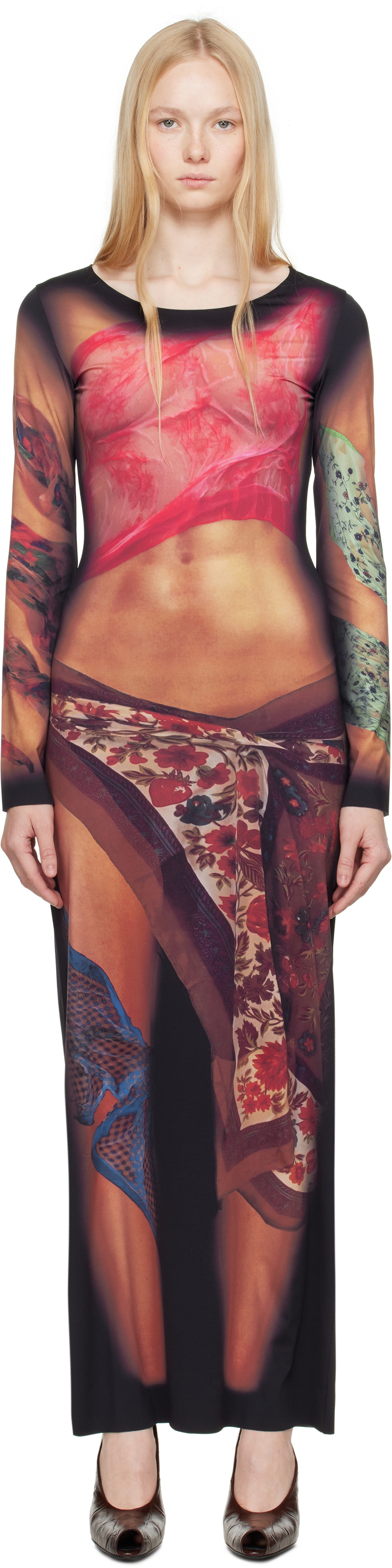 Marine Serre Multicolor Recycled Draped Statue Jersey Maxi Dress
