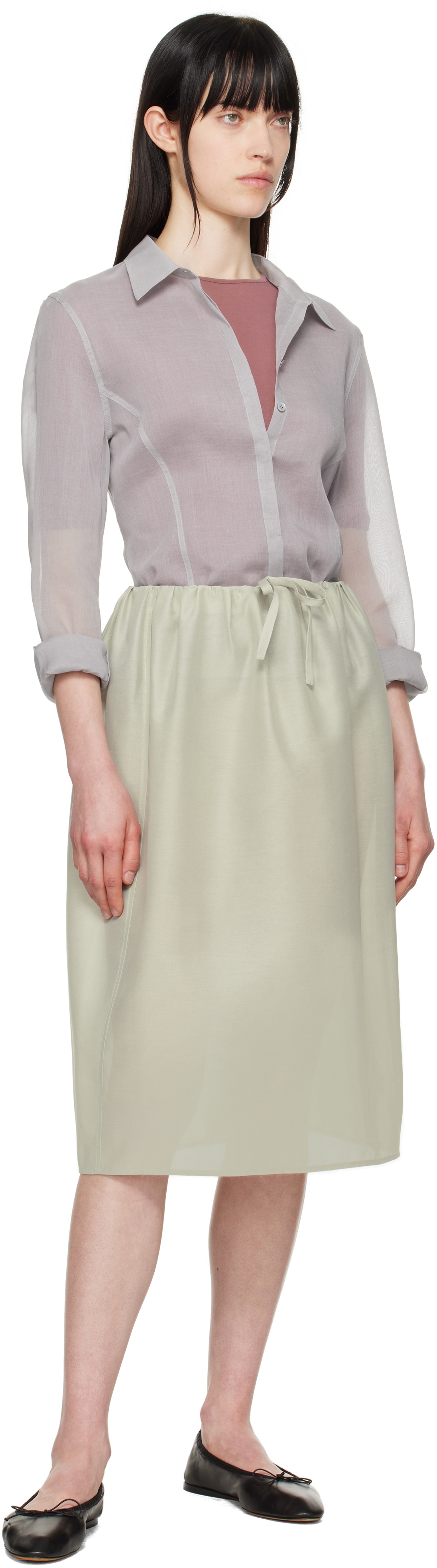 AMOMENTO Beige Shirring Organza Midi Skirt