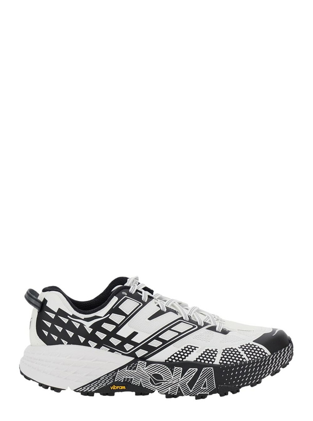Photo: Hoka speedgoat Black And White Low Top Sneakers With Geometric Motif In Tech Fabric Unisex