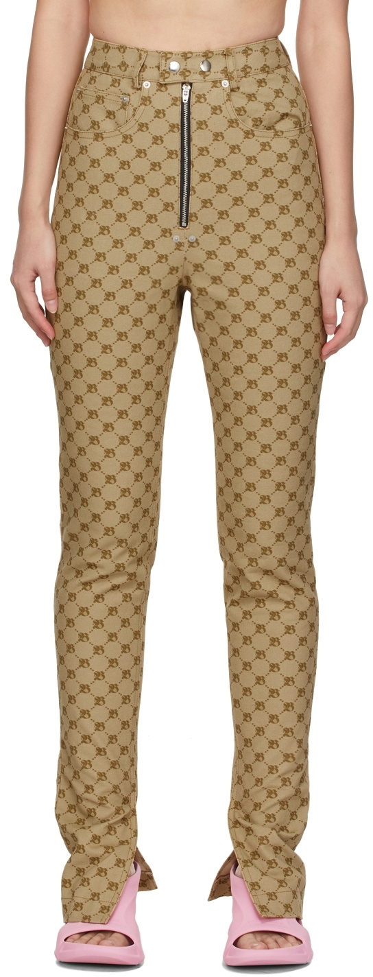 BONBOM Beige Monogram Slit Bottom Jeans