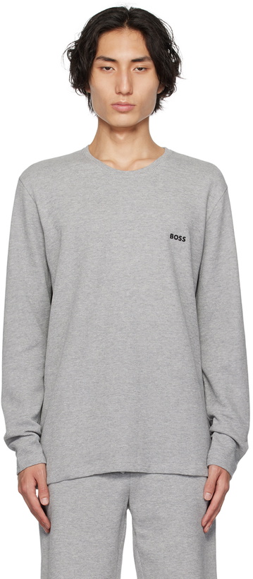 Photo: BOSS Gray Embroidered Long Sleeve T-Shirt