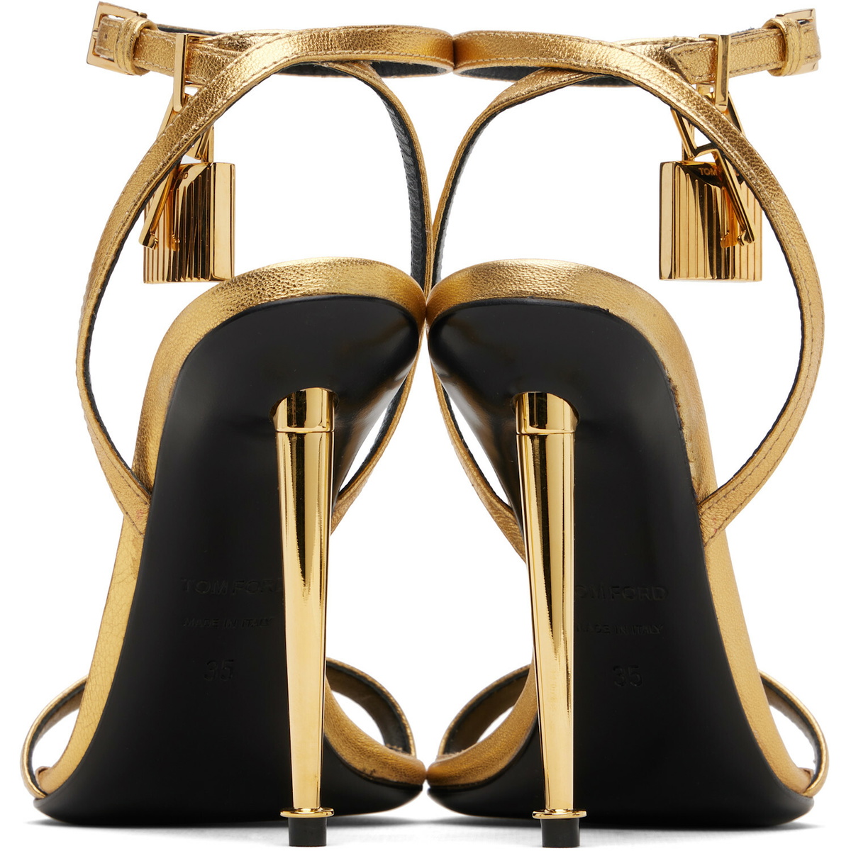 TOM FORD Gold Laminated Padlock Pointy Naked Heeled Sandals