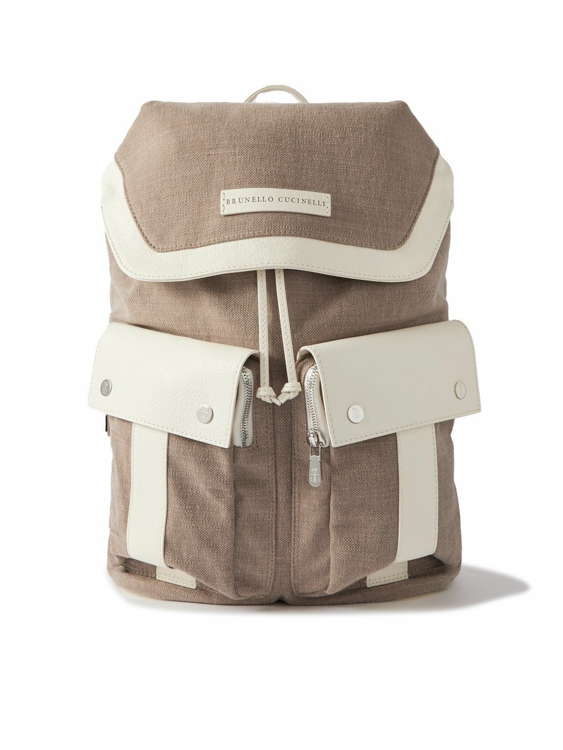 Photo: Brunello Cucinelli - Full-Grain Leather-Trimmed Cotton and Linen-Blend Canvas Backpack