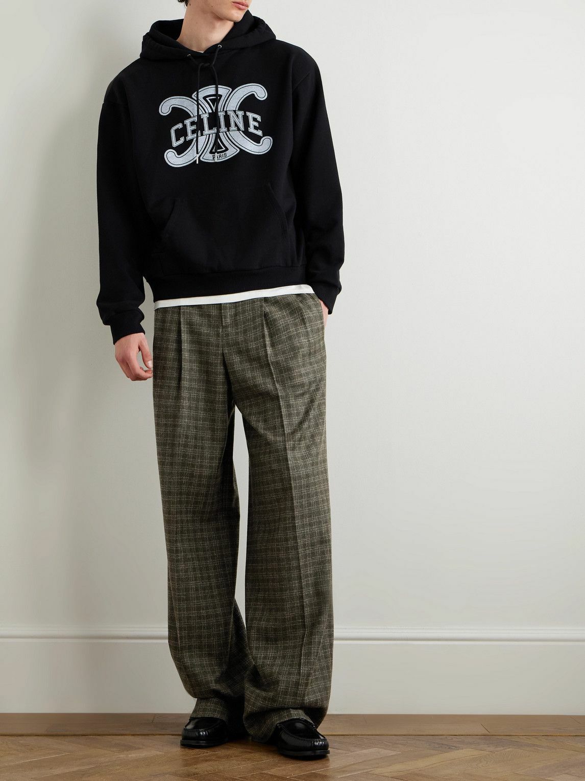 CELINE - Wide-Leg Pleated Checked Wool Trousers - Green