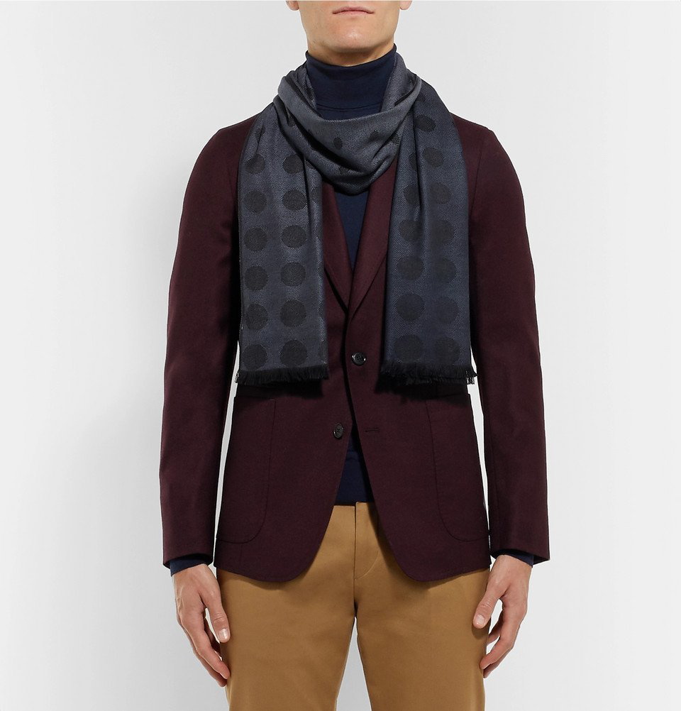 Fringed wool and silk-blend jacquard scarf