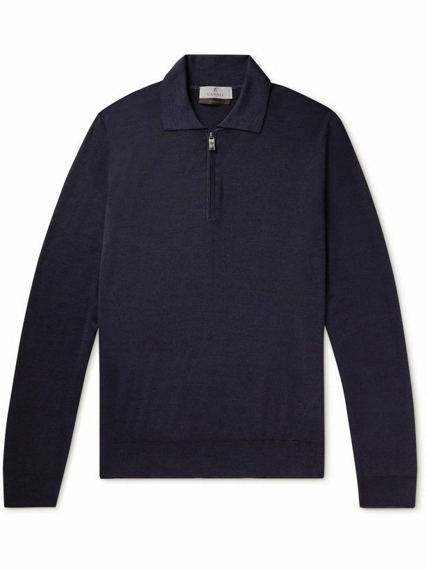 Photo: Canali - Wool and Silk-Blend Half-Zip Polo Shirt - Blue