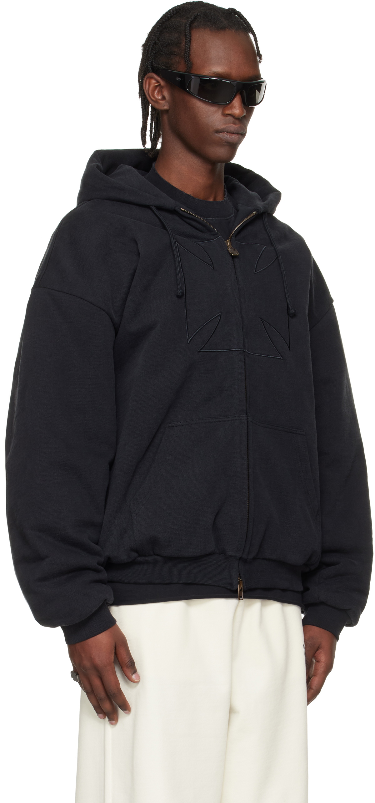 VETEMENTS Black Embroidered Cross Padded Zip-Up Hoodie