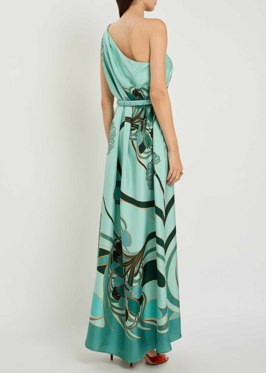 LA Double J Roy Printed Belted Silk Maxi Dress Blue