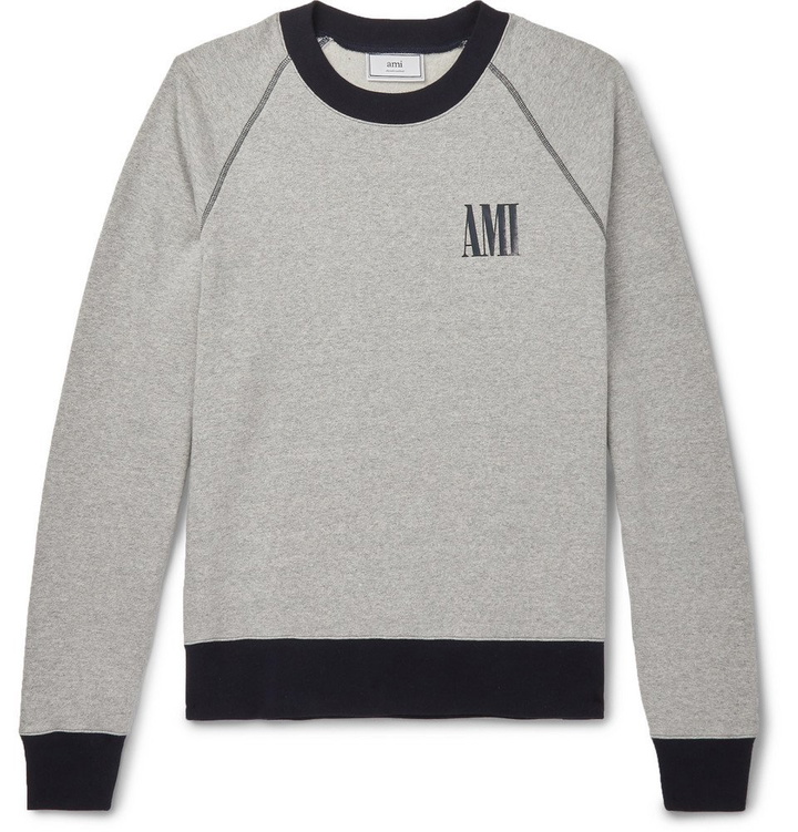 Photo: AMI - Logo-Print Mélange Fleece-Back Cotton-Jersey Sweatshirt - Gray
