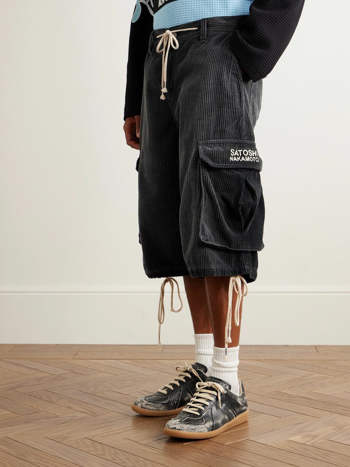 Satoshi Nakamoto - Staight-Leg Logo-Print Cotton-Corduroy Drawstring Shorts - Gray