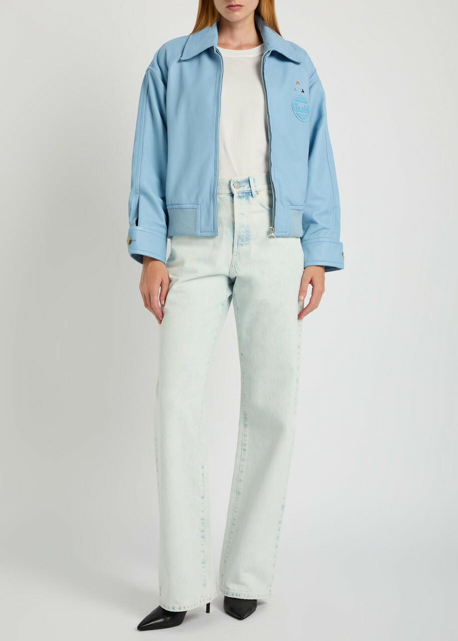 AN-Y1 Cargo Bomber Logo-embossed Leather Bomber Jacket Light Blue