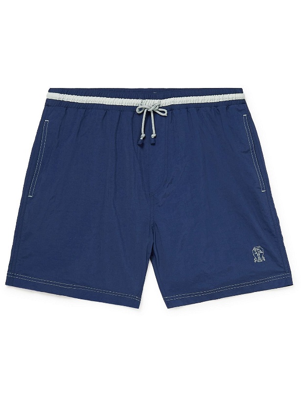 Photo: Brunello Cucinelli - Straight-Leg Mid-Length Logo-Embroidered Swim Shorts - Blue