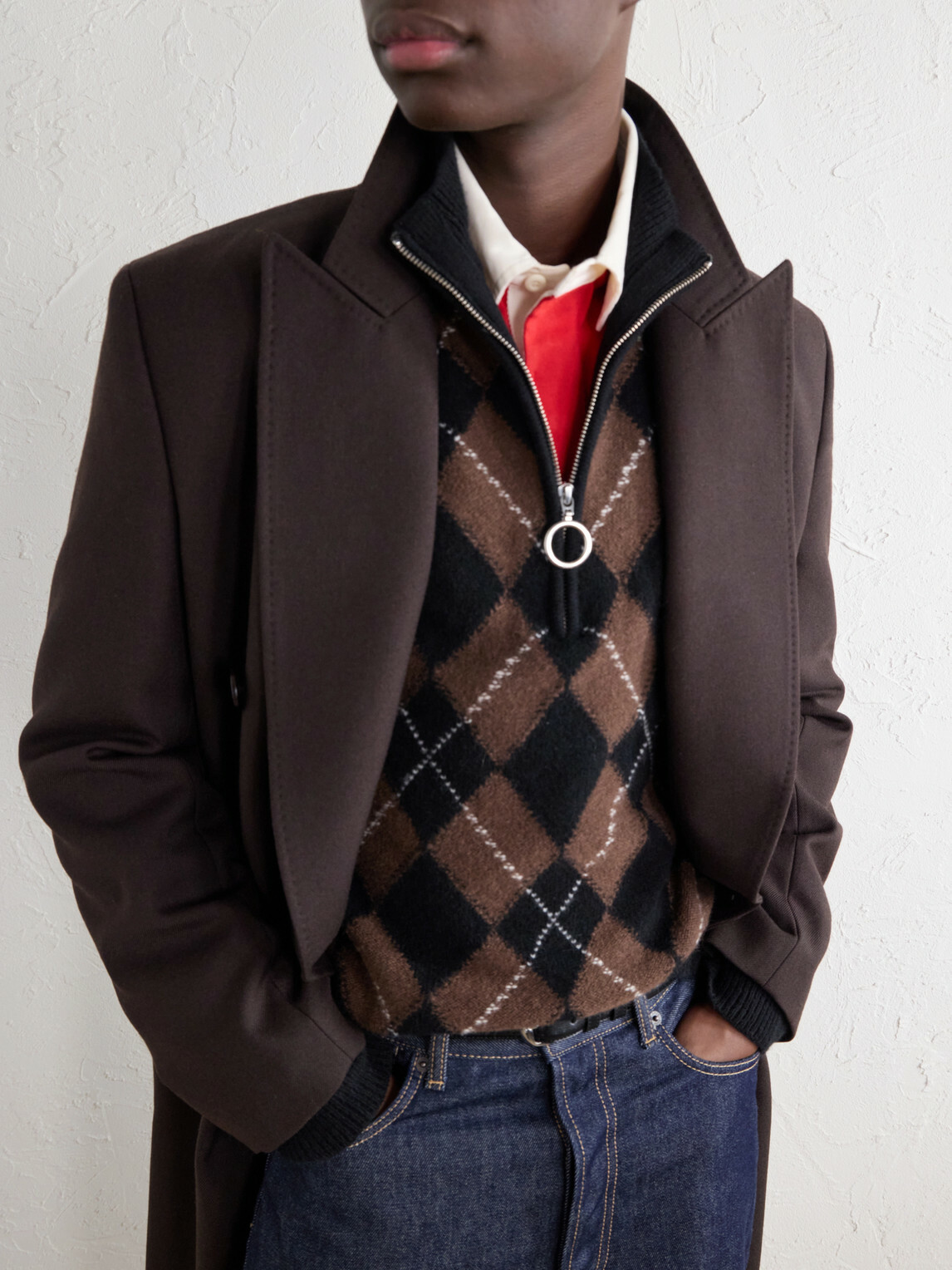 AMI PARIS - Logo-Appliquéd Argyle Virgin Wool Half-Zip Sweater - Brown