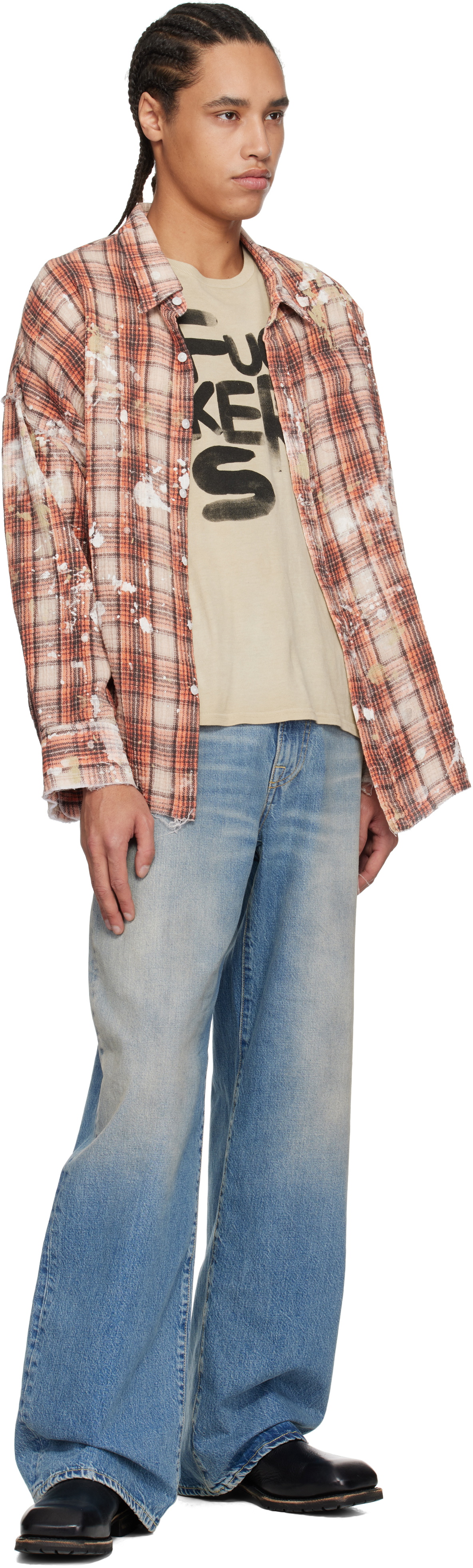 R13 Orange & Beige Shredded Seam Drop Neck Shirt