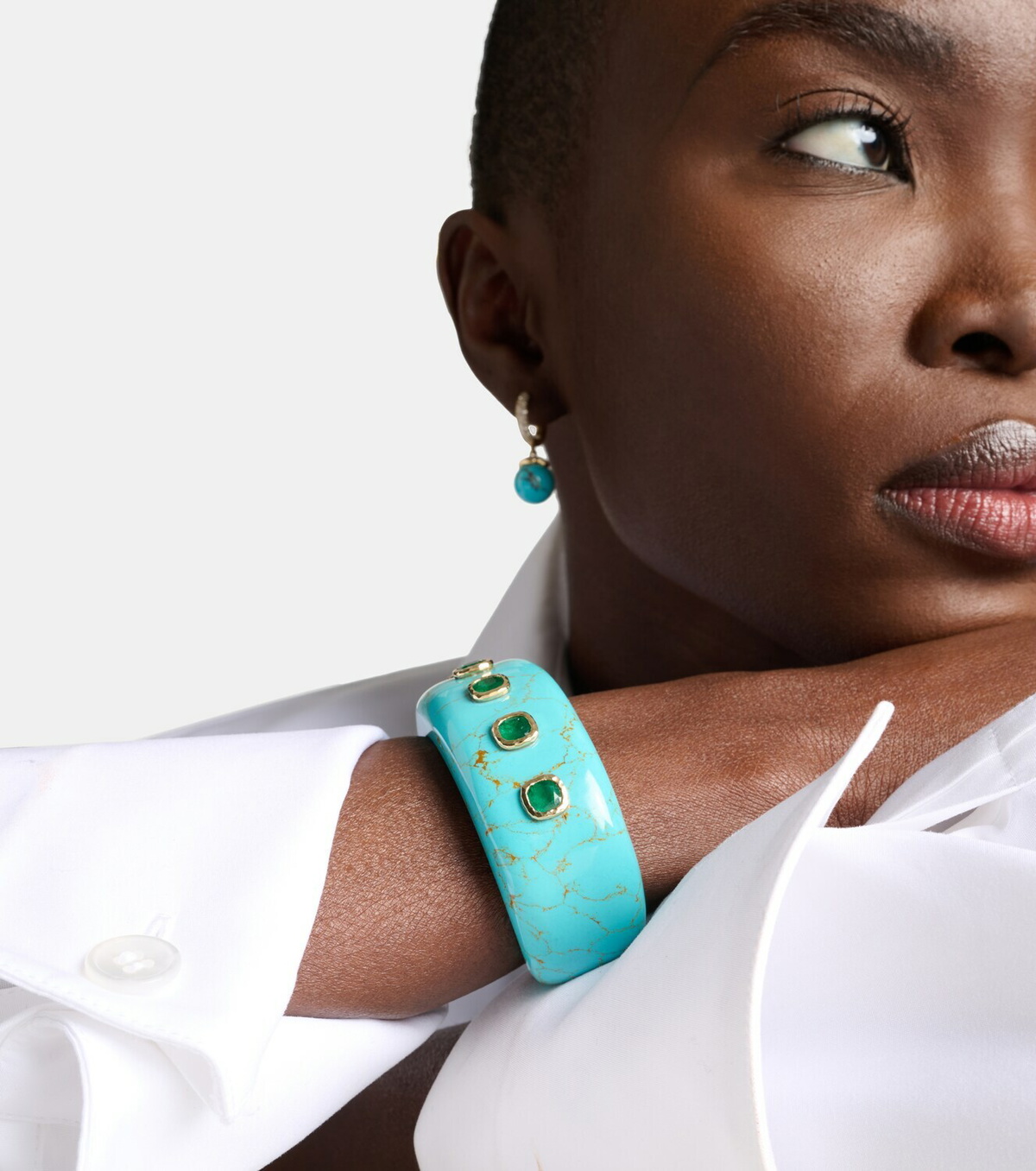 Octavia Elizabeth 18kt gold and turquoise cuff bracelet with emeralds