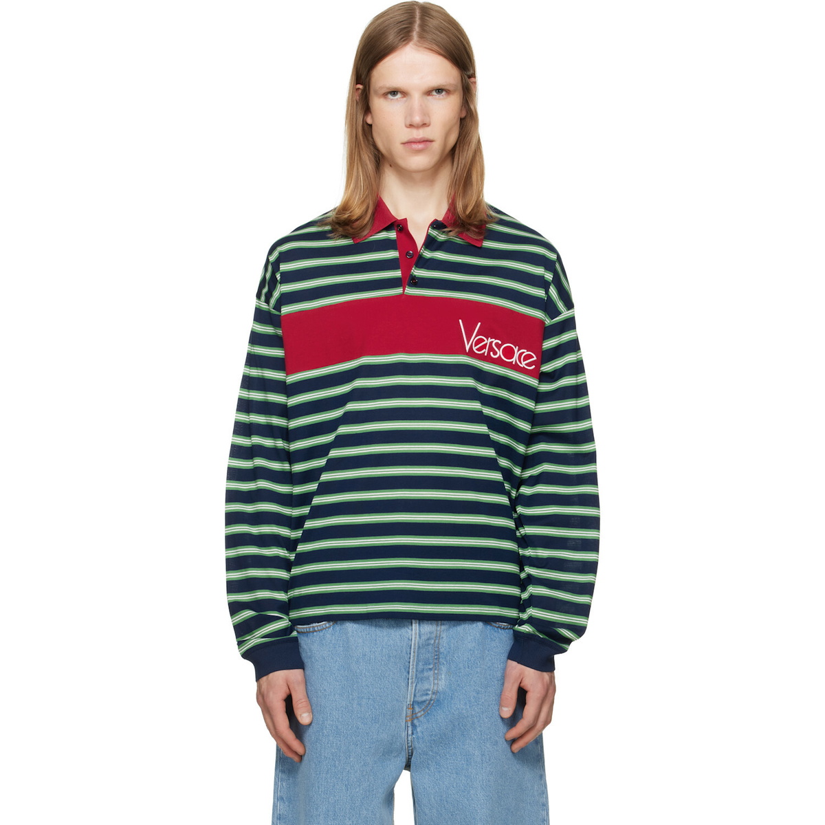 Versace Blue & Green Embroidered-Logo Striped-Intarsia Cotton Polo