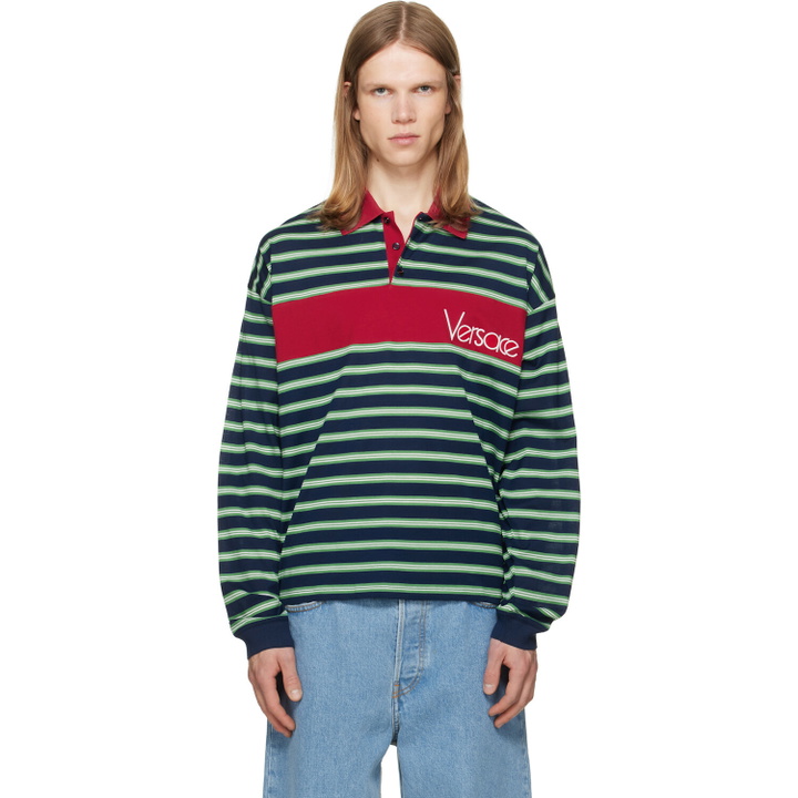Photo: Versace Blue & Green Embroidered-Logo Striped-Intarsia Cotton Polo