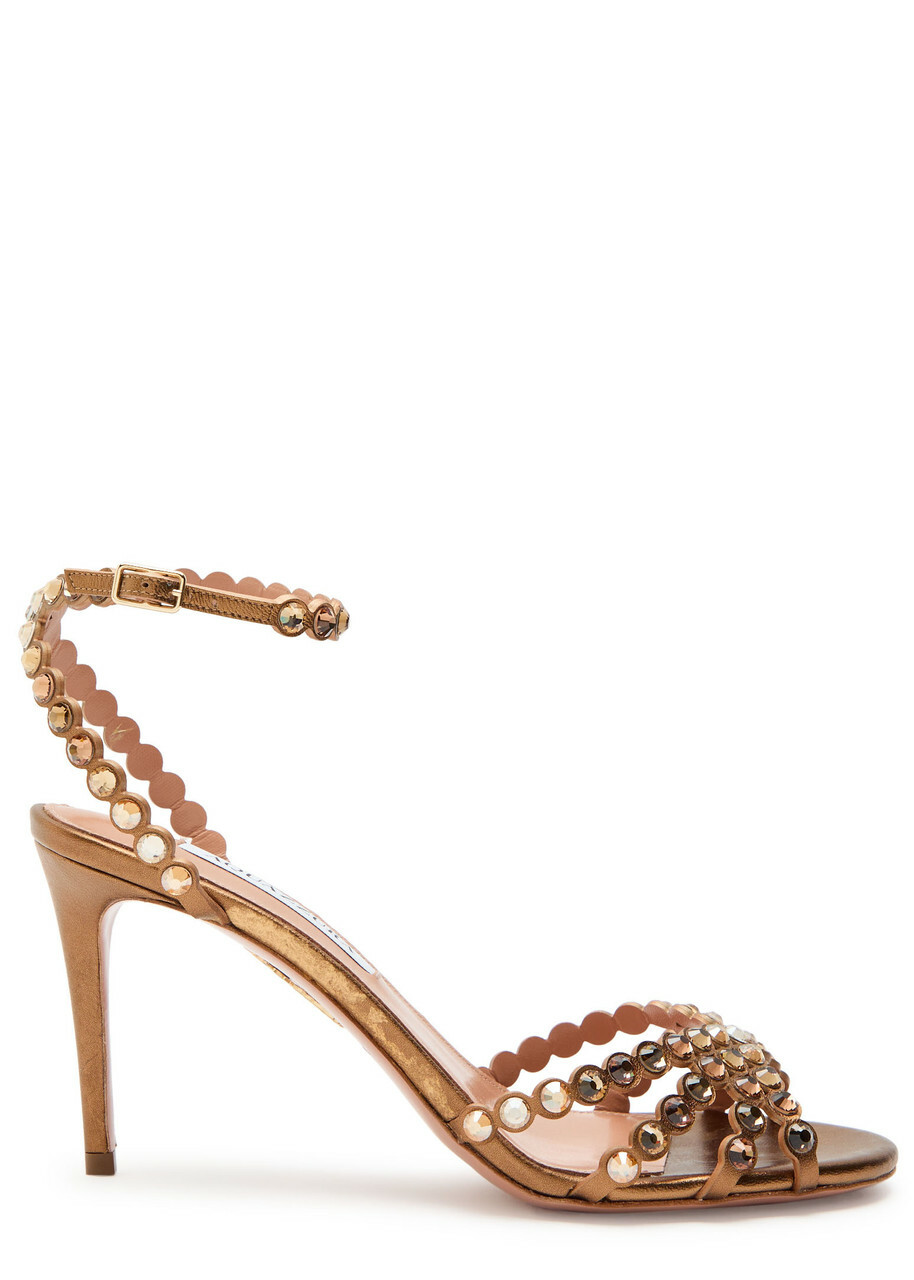Aquazzura Tequila 85 Embellished Metallic Leather Sandals Gold