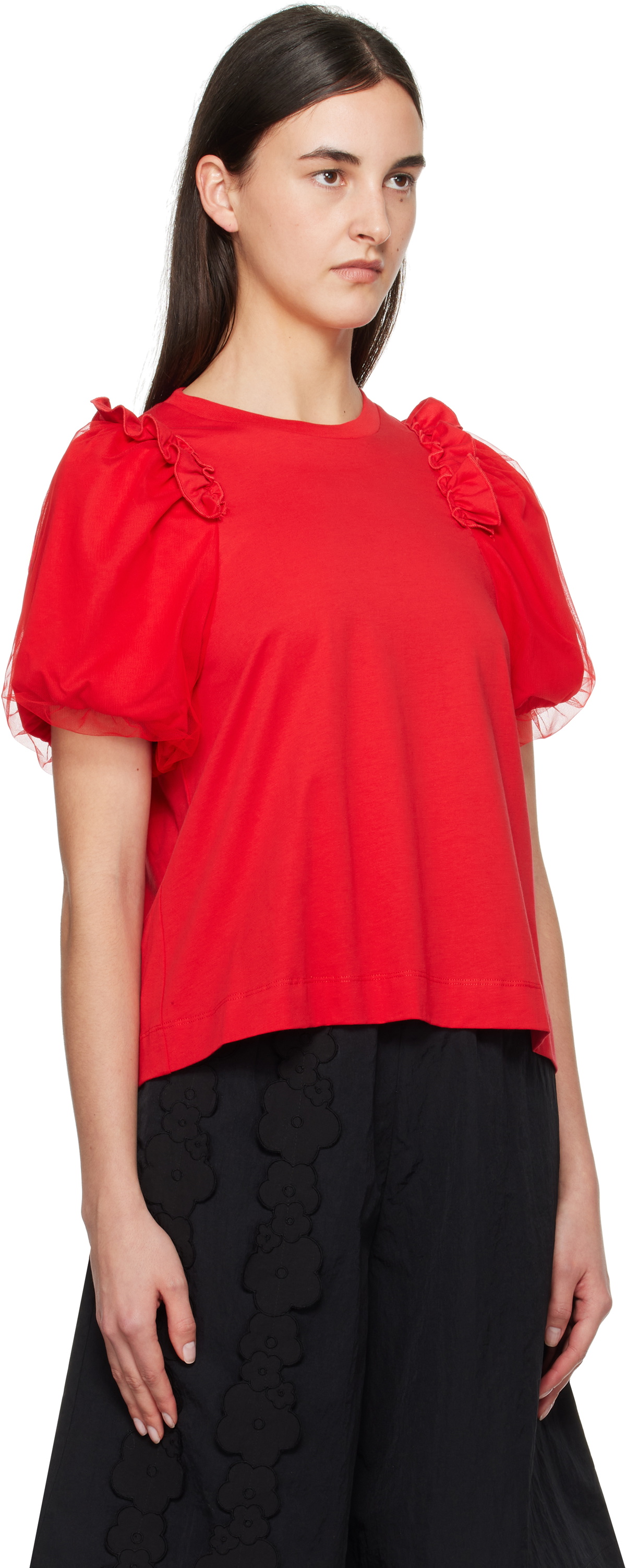 Simone Rocha Red Tulle Overlay Puff Sleeve Frill T-shirt Simone Rocha Red Tulle Overlay Puff Sleeve Frill T-shirt