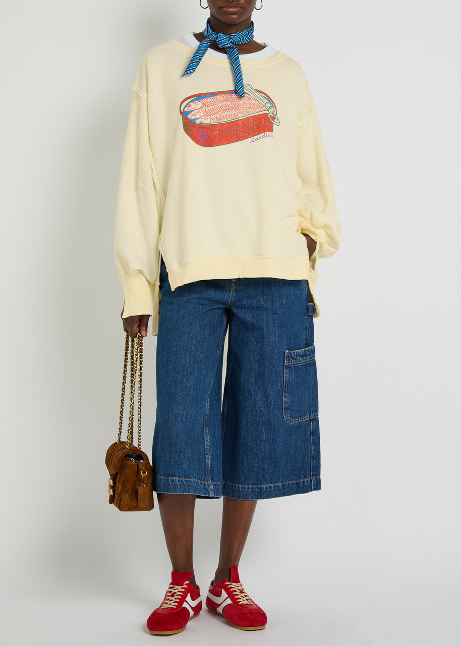 Free People Printed Distressed Terry Sweatshirt White