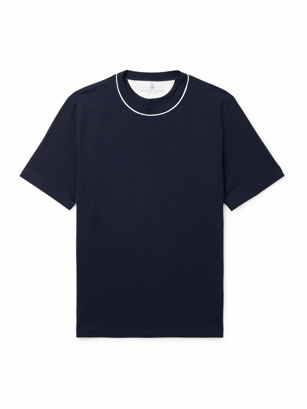 Photo: Brunello Cucinelli - Piped Cotton-Jersey T-Shirt - Blue