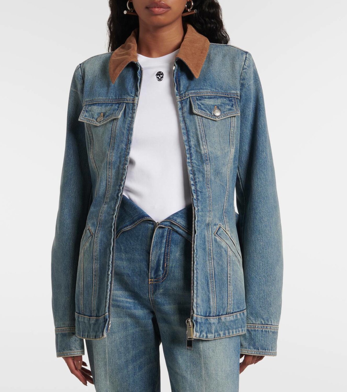 Alexander McQueen Peplum corduroy-trimmed denim jacket