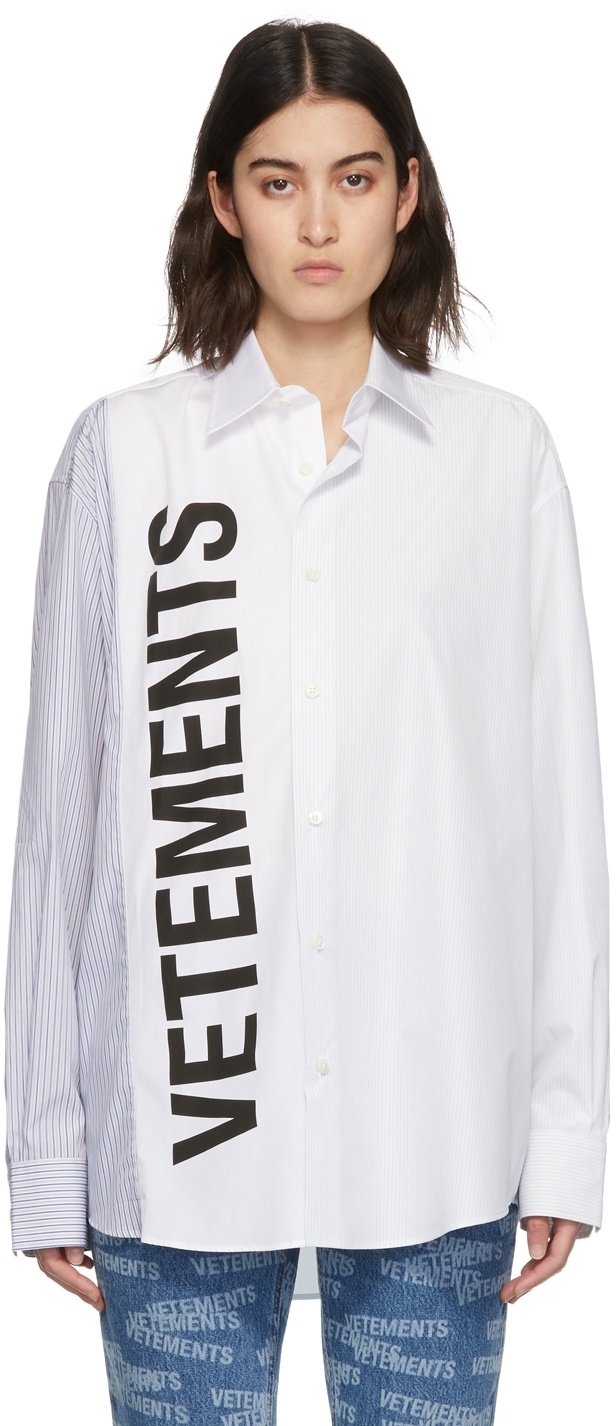 VETEMENTS White & Blue Striped Cut-Up Logo Shirt Vetements