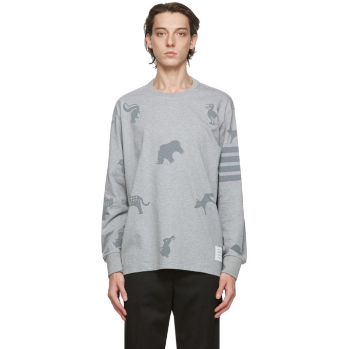 Photo: Thom Browne Grey Jersey 4-Bar Icon Print Long Sleeve T-Shirt