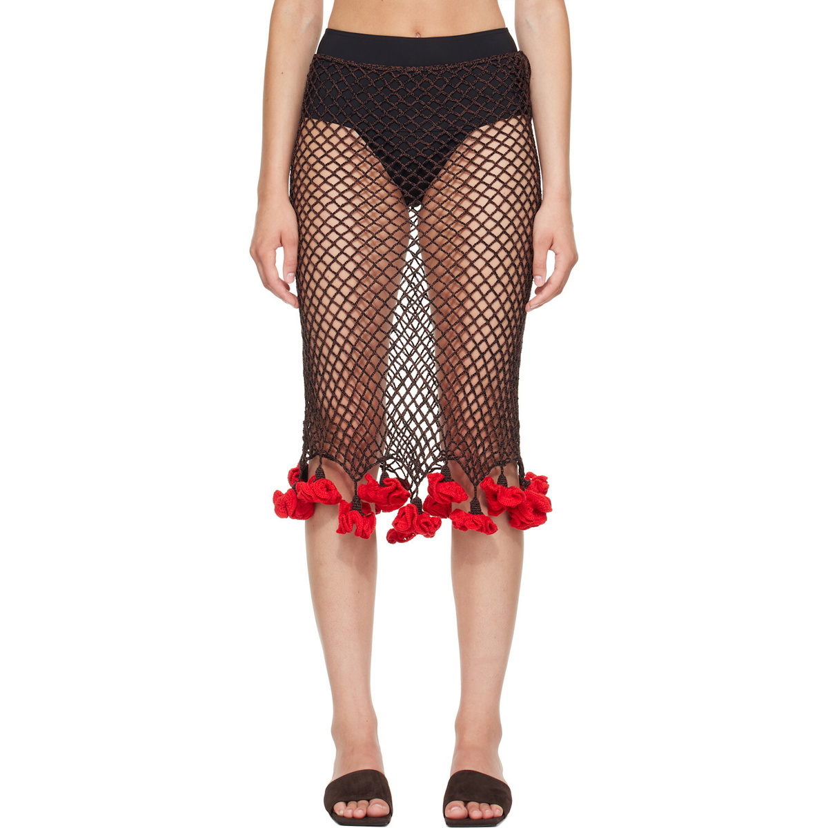 ALAÏA Brown Floral Crochet Midi Skirt