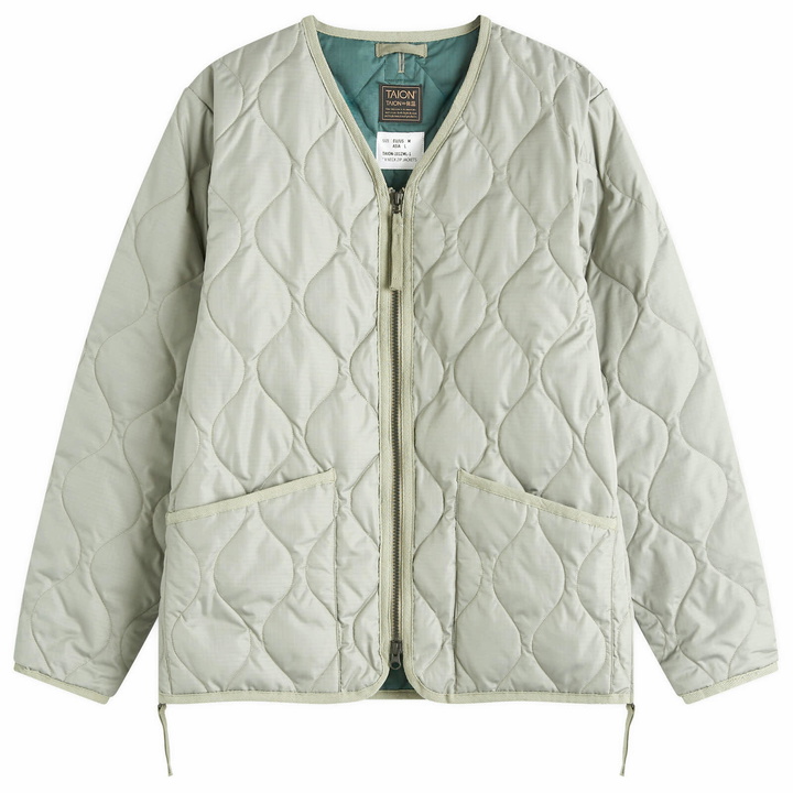 Photo: Taion Men's Military Zip V-Neck Down Jacket in Dark Sage Green