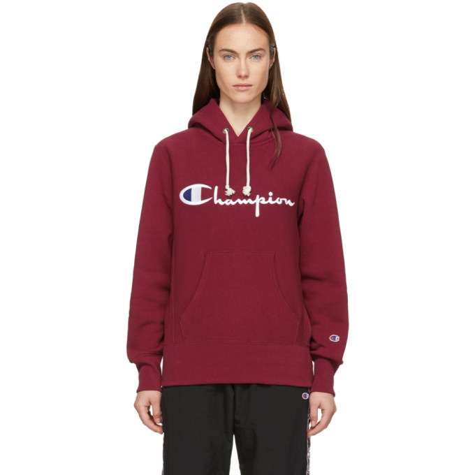 Photo: Champion Reverse Weave Burgundy Logo Hoodie