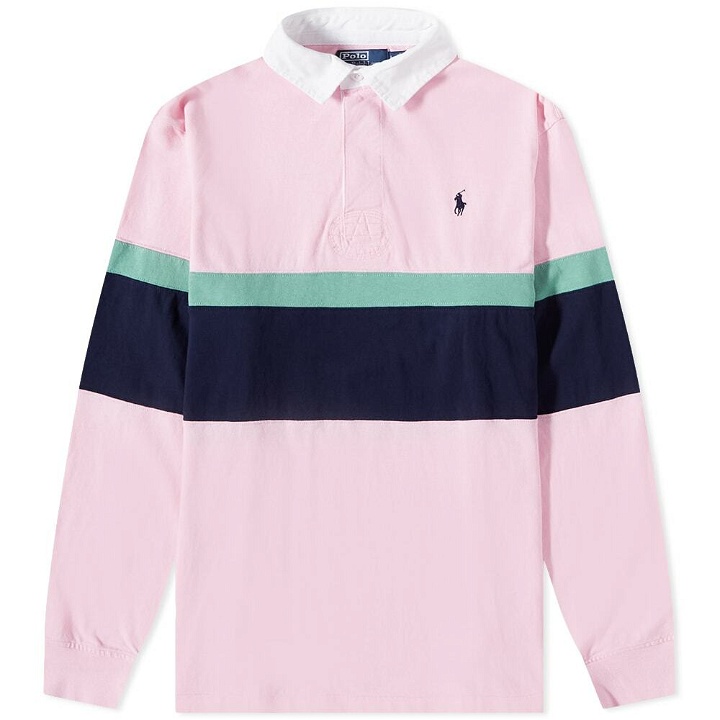 Photo: Polo Ralph Lauren Men's Striped Panel Rugby Shirt in Carmel Pink Multi