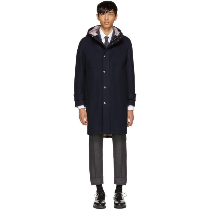 Photo: Thom Browne Navy Snap Front Hooded Parka