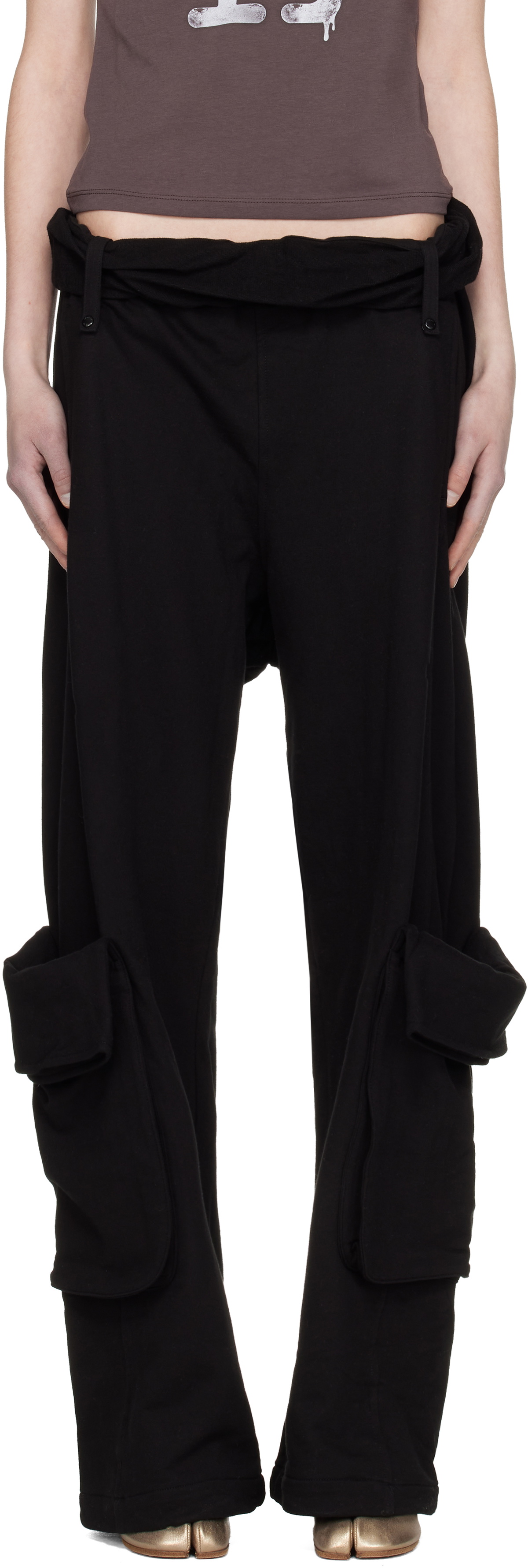 OPEN YY Black Rolled Waist Sweat Cargo Pants