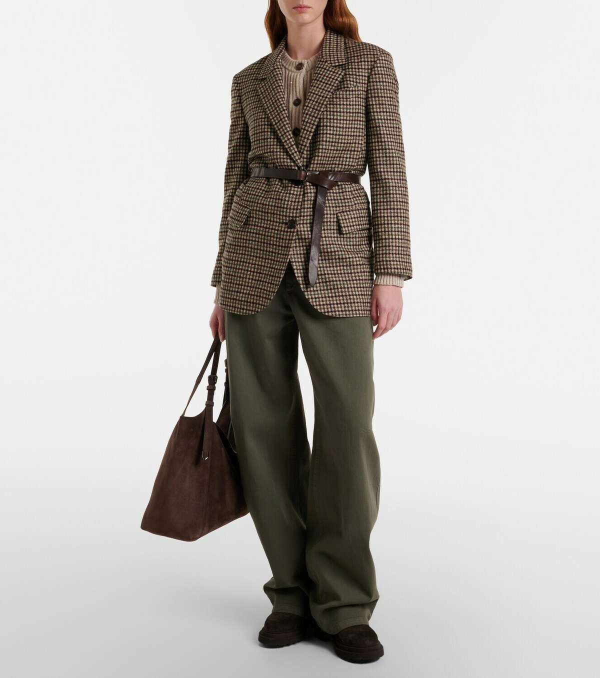 Brunello Cucinelli Belted checked wool and alpaca-blend jacket