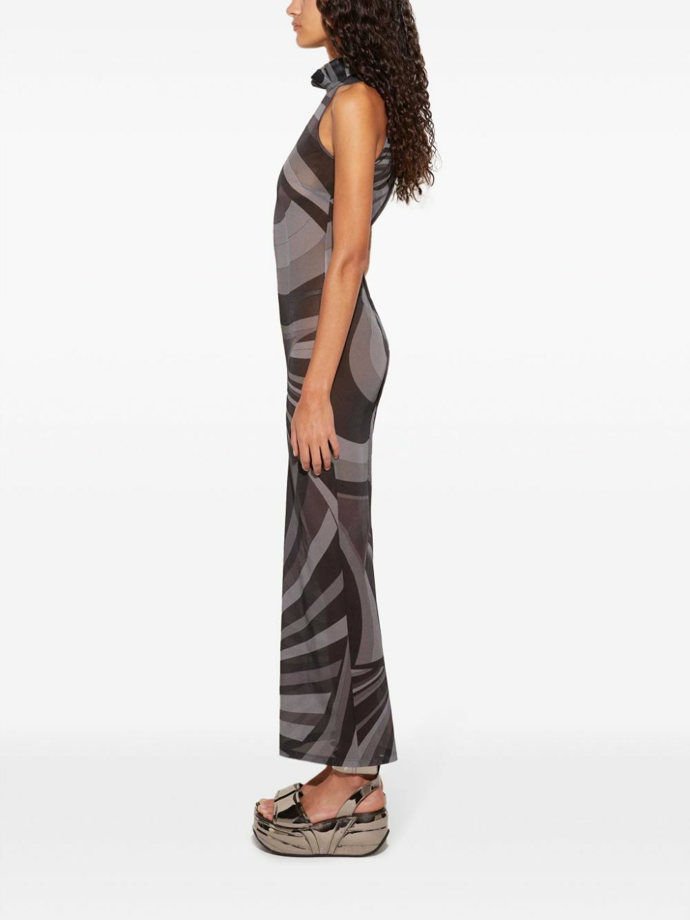 Robe Maxi Emilio Pucci Imprimé Abstrait - Taille S, Col V Gris Noir | Occasion Très Bon état | Parfaite Pour L'été