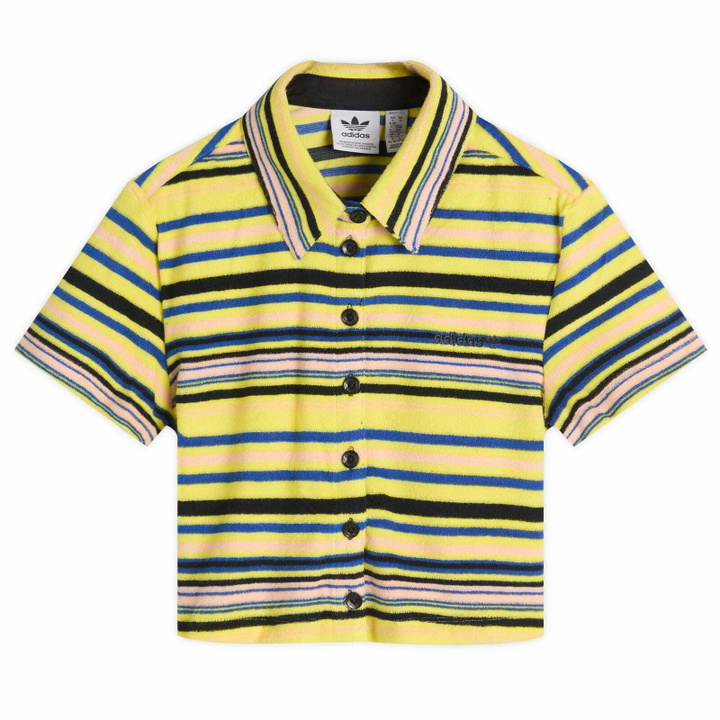 Photo: Adidas Women's Towel Button-Up T-Shirt in Pure Sulfur/Blue/Black/Pink