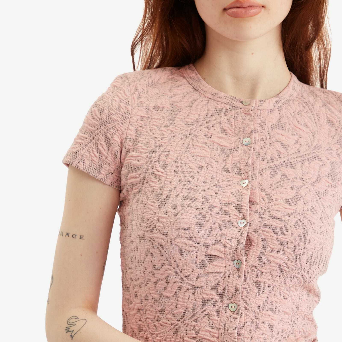 Fruity Booty Women's Posy Jaquard Short Sleeve Top in Pink/Grey