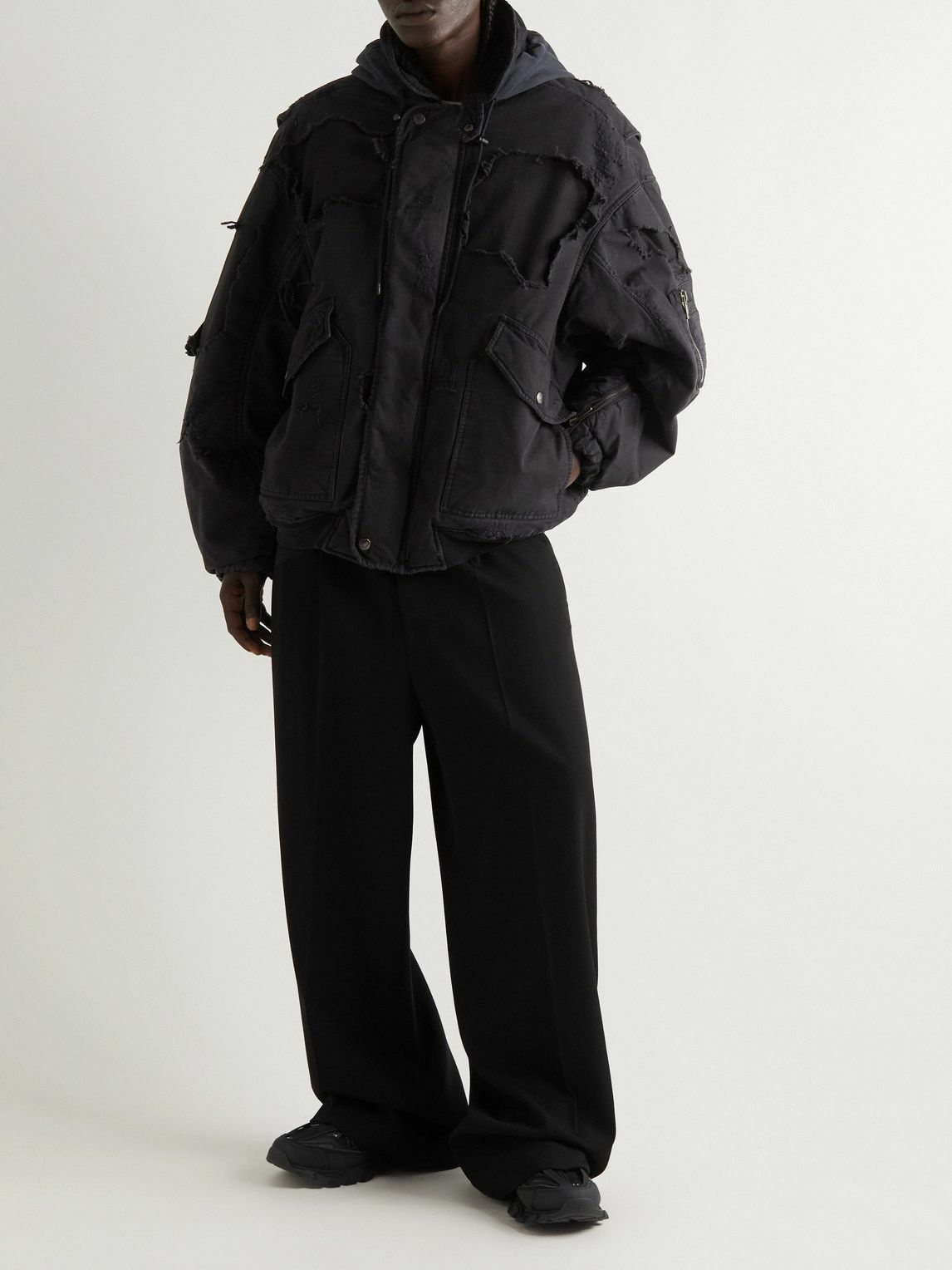 Balenciaga - Oversized Distressed Cotton-Ripstop Hooded Bomber Jacket -  Black