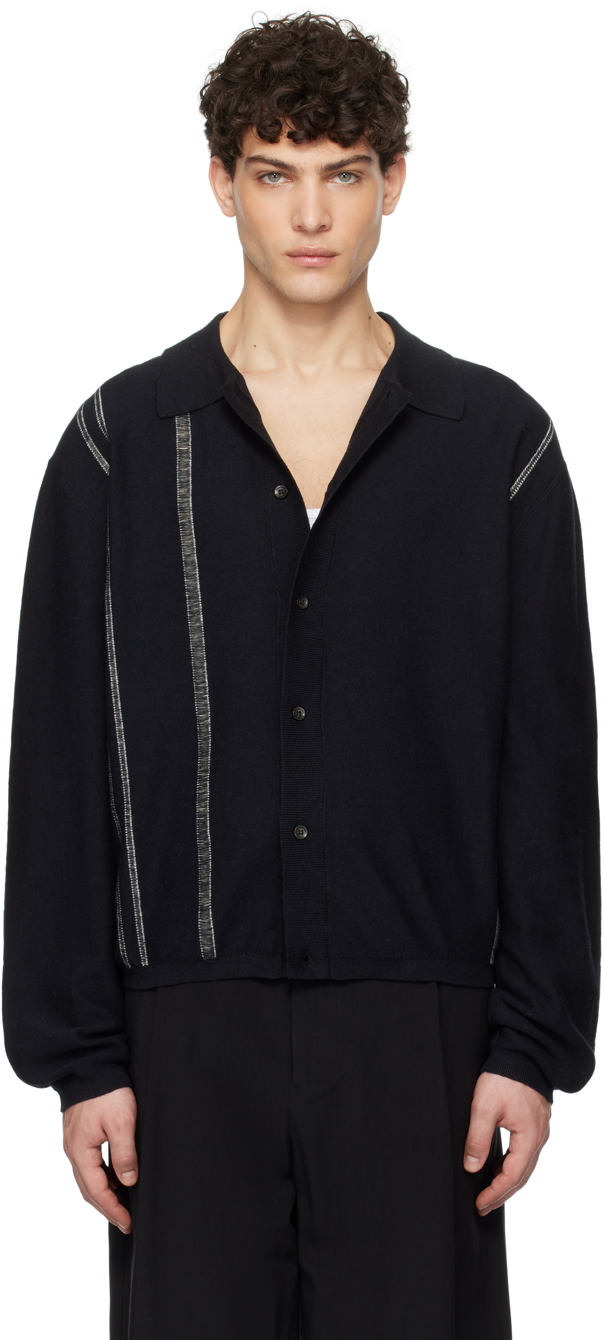 COMMAS Black Yarn Stripe Collared Cardigan