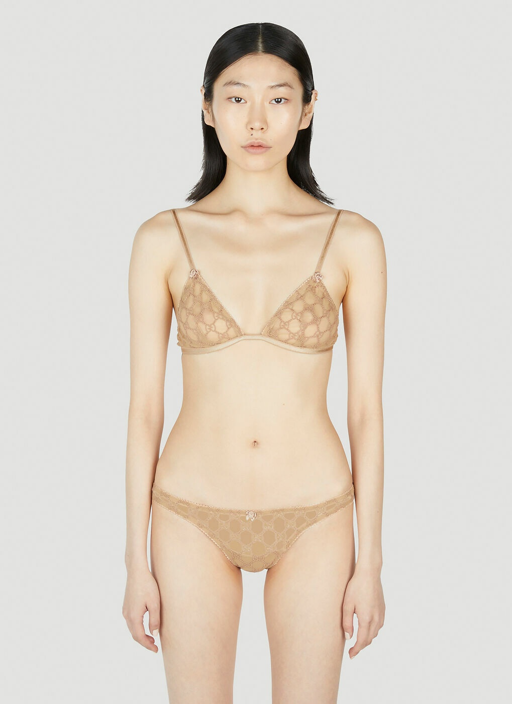 Embroidered tulle briefs Woman, Beige