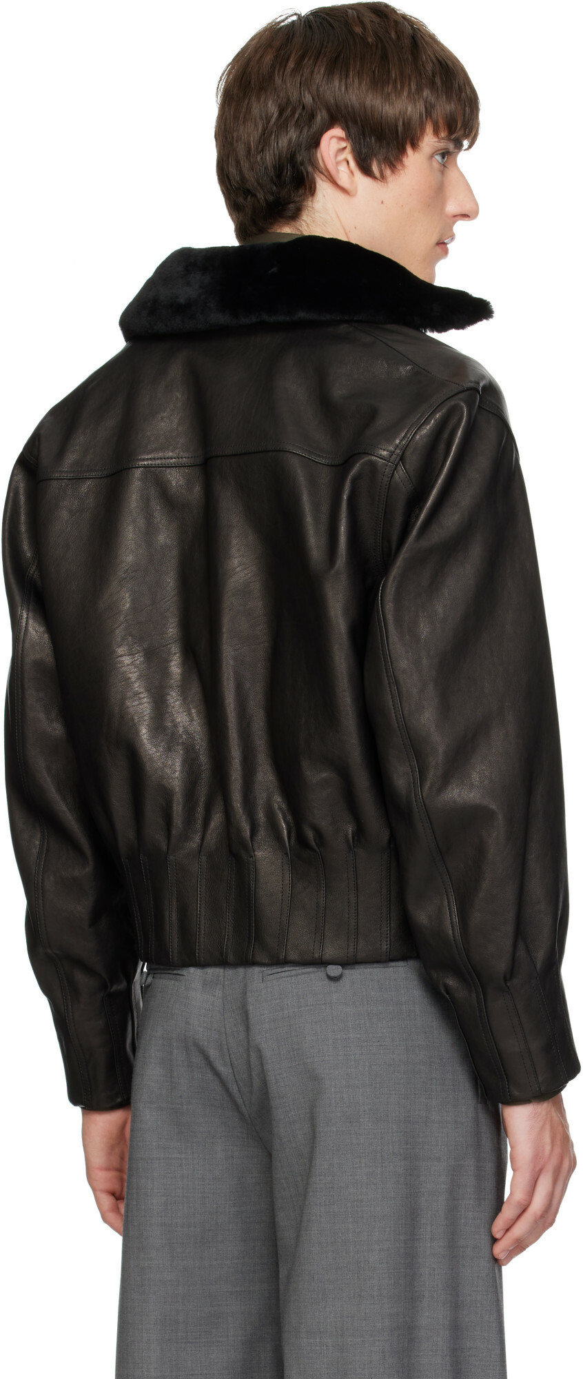 AARON ESH Black Shearling Collar Leather Bomber
