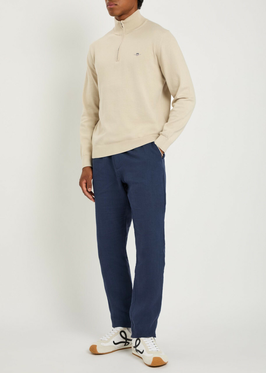 Gant Logo-embroidered Quarter-zip Cotton Jumper Beige