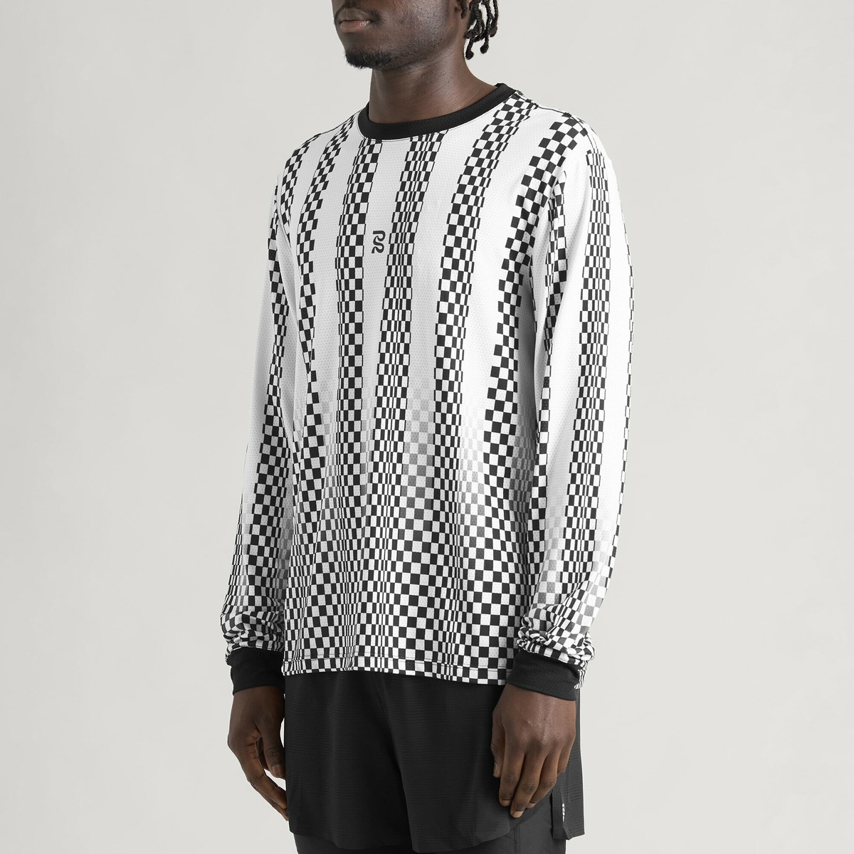 Bandit Men's Micromesh™ Long Sleeve Performance T-Shirt in Checkerboard Stripe - Stone White
