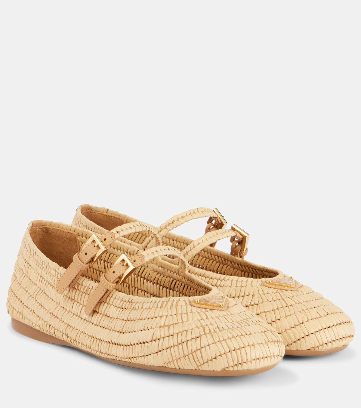 Prada Logo raffia-effect Mary Jane flats Prada