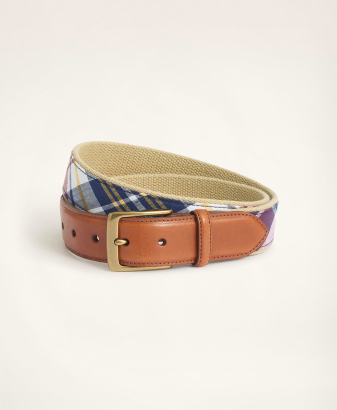 Photo: Brooks Brothers Men's Madras Leather Tab Webbed Belt | Red/Navy