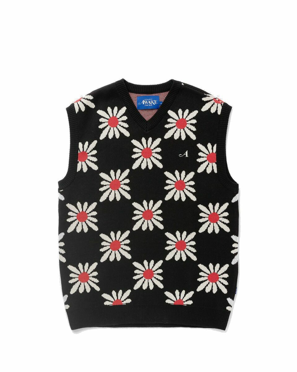 Photo: Awake Checkered Floral Sweater Vest Black|White - Mens - Vests